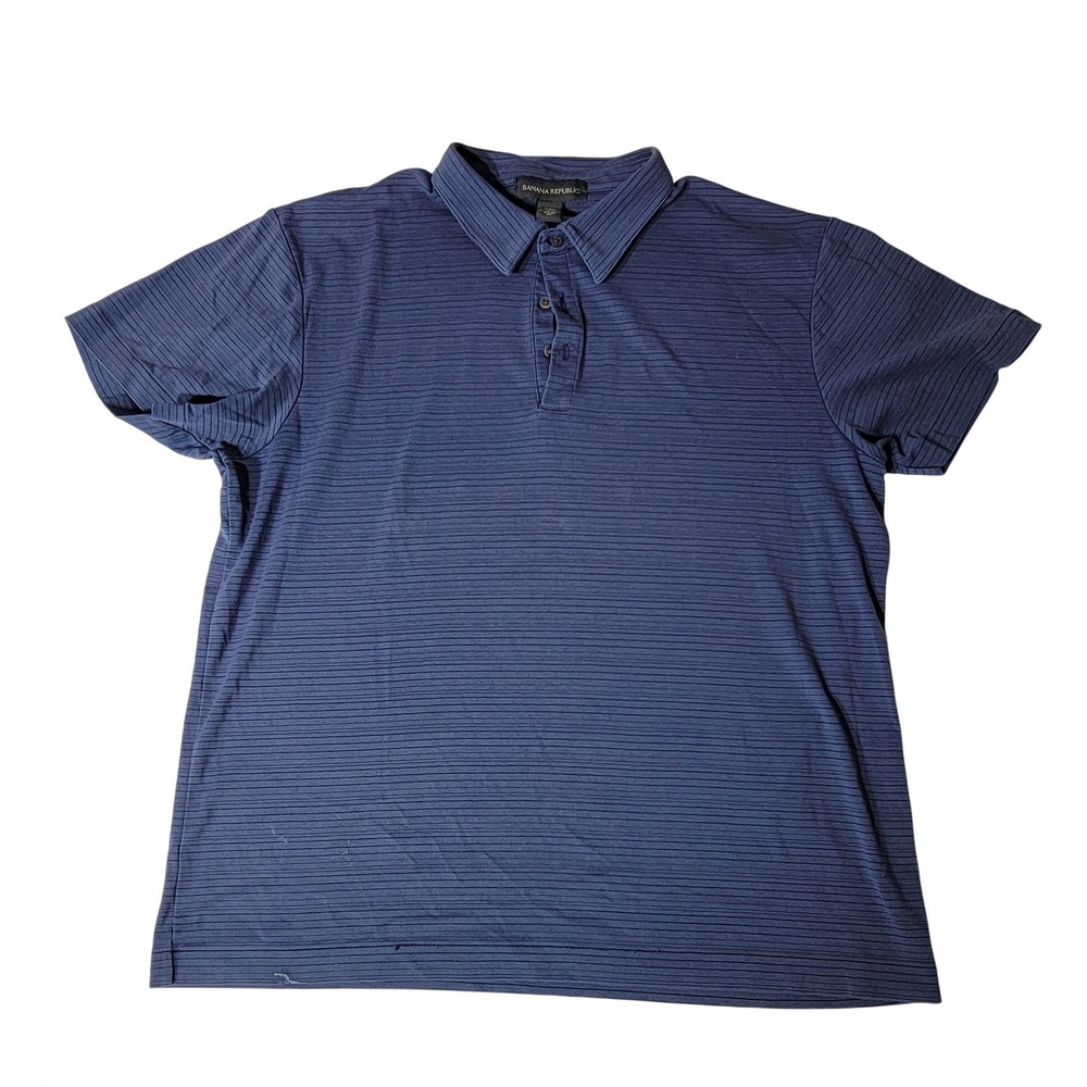 Banana Republic Mens XL Navy Blue Micro Stripe Short Sleeve Polo Cotton Blend